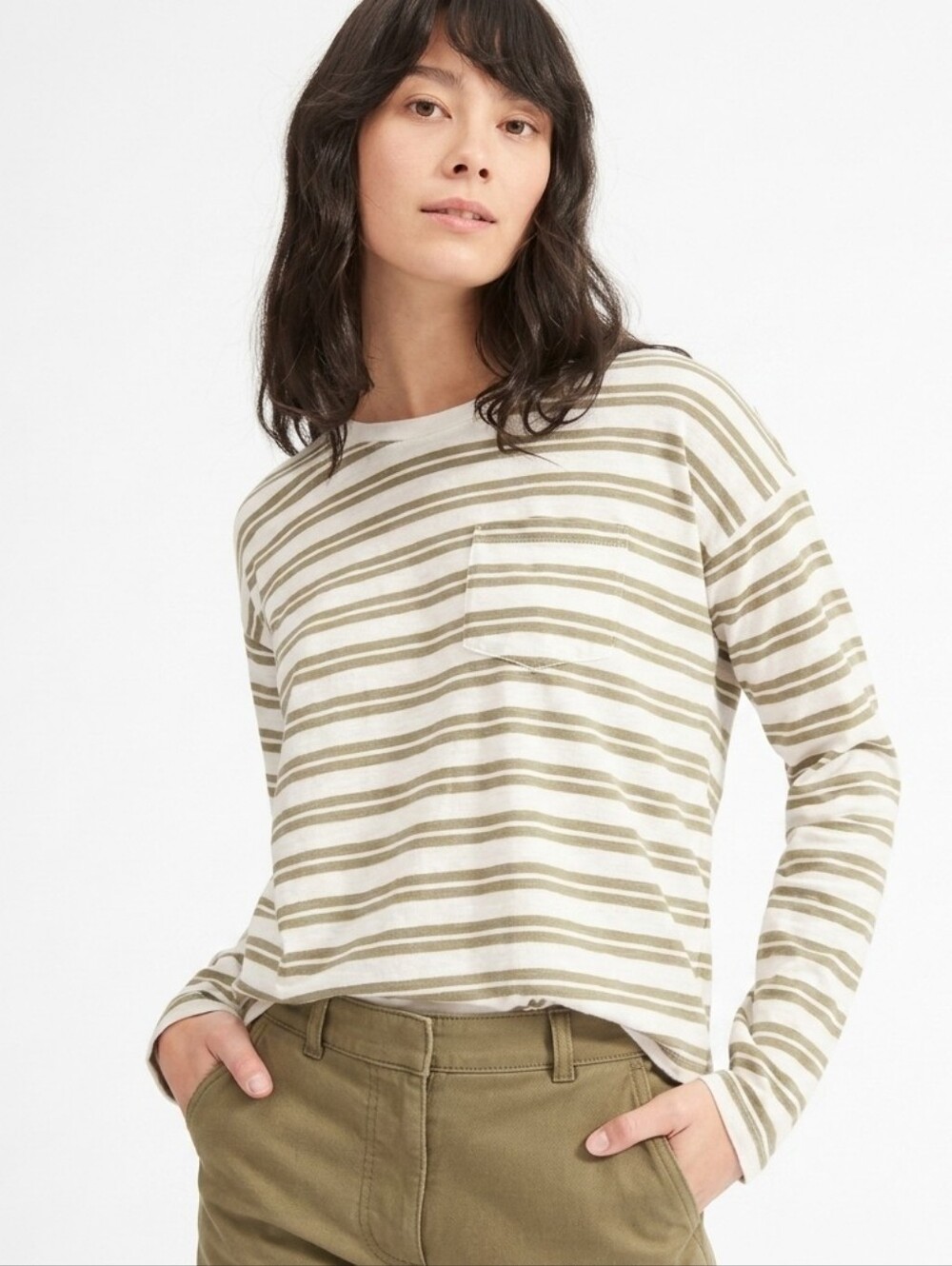 EVERLANE Long-Sleeve Box-Cut Pocket Tee Ivory & Olive Green Stripe Cotton Sz XS
